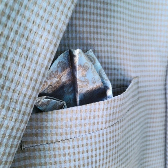 Strauss Blue Jacket Checkered Blazer Jacket Buttons Handkerchief 42S - Picture 4 of 12